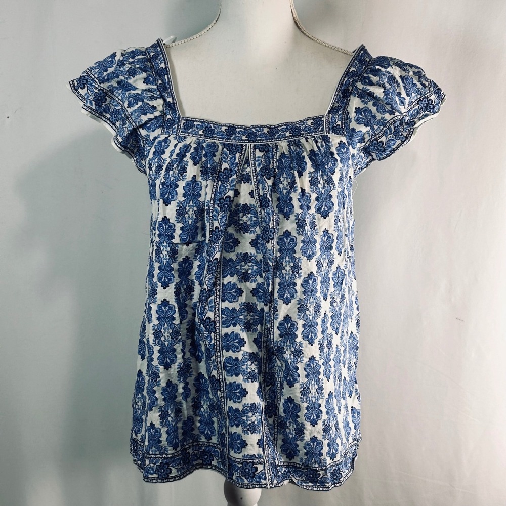Max Studio London Blue White Floral Damask Flutter Sleeve Blouse Top 3710B34‎ S